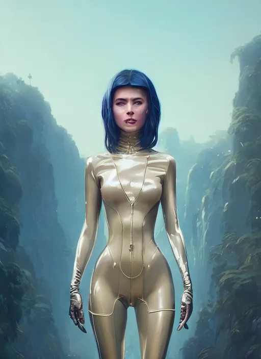 Image similar to highly detailed portrait of a beautiful female wearing a latex suit, stephen bliss, 8 k, unreal engine, by greg rutkowski, loish, rhads, ferdinand knab, makoto shinkai and lois van baarle, ilya kuvshinov, rossdraws, tom bagshaw, global illumination, radiant light, detailed and intricate environment