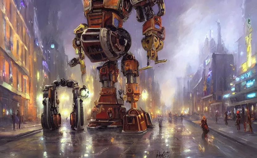 Image similar to Alchemy mech robot gloomy city. By Konstantin Razumov, highly detailded