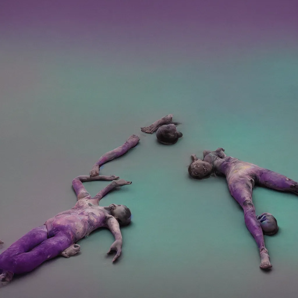 Prompt: iridiscent oil spill with women corpses connected by cables and computers to wax forms to a buried baby relaxing on yoga mat, faded, iridiscent gradient, dust, purple fog, depth of field, by nadav kander and hans bellmer, 8 k, ultrarealistic, sad atmosphere, cinematic, 8 5 mm lens