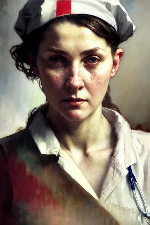 Prompt: hyperrealist portrait of a ww 2 female nurse by jeremy mann and alphonse mucha, fantasy art, photo realistic, dynamic lighting, artstation, poster, volumetric lighting, very detailed faces, 4 k, award winning