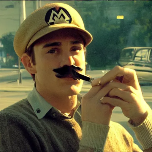 Image similar to Mario smoking in an A24 film aesthetic