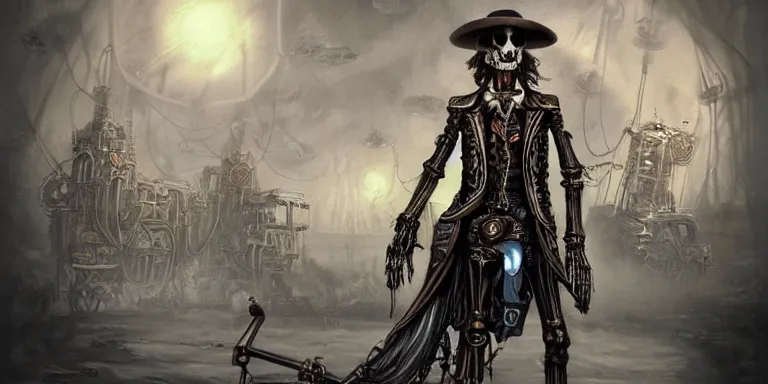 Prompt: portrait of a single steampunk skeletal lich gunslinger in hat posing with wands, matte painting of steampunk airships on background, by Antonio Caparo and tyler edlin and lindsey look, victorian, concept art, steam romance, steam-punk illustration, detailed, 4k resolution, trending on artstation