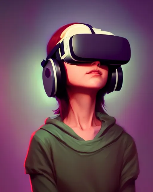 Image similar to highly detailed vfx portrait of a character wearing a vr headset, stephen bliss, unrealengine, greg rutkowski, loish, rhads, beeple, makoto shinkai and lois van baarle, ilya kuvshinov, rossdraws, tom bagshaw,