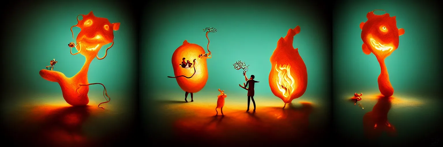 Image similar to whimsical microscopic creatures from the depths of the mind, dramatic lighting from fire glow, surreal darkly painting by ronny khalil