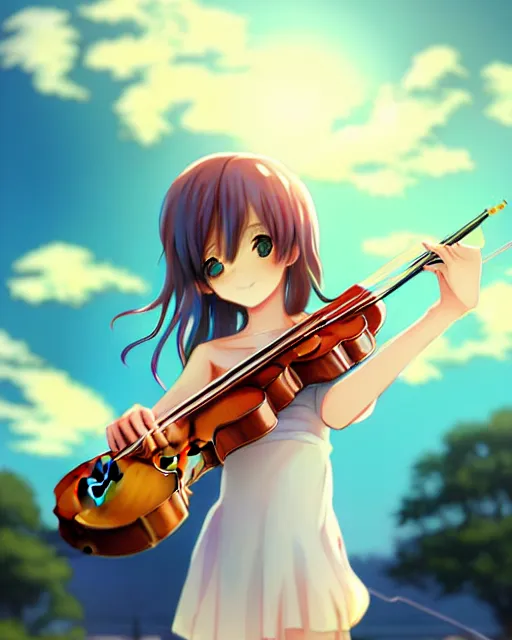 Image similar to anime style, realism, chibi, full body, a cute girl with white skin and golden long wavy hair holding a violin and playing a song, heavenly, stunning, realistic light and shadow effects, happy, centered, landscape shot, happy, simple background, studio ghibly makoto shinkai yuji yamaguchi