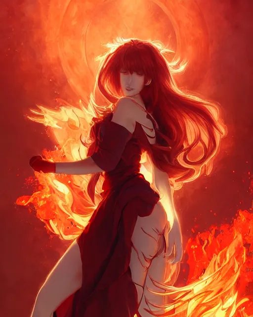 Image similar to red eyed beautiful long haired anime girl, dress in fire, full body photo, flames everywhere, highly detailed, digital painting, artstation, concept art, smooth, sharp focus, illustration, art by artgerm and greg rutkowski and alphonse mucha