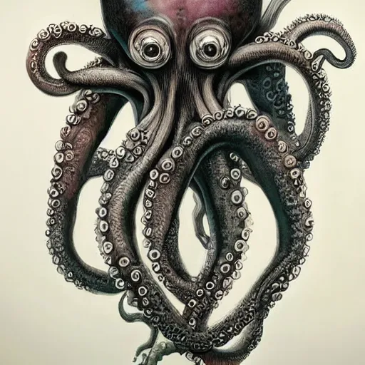 Prompt: Painting, Creative Design, Anthropomorphic octopus, Biopunk, Body horror, by Marco Mazzoni