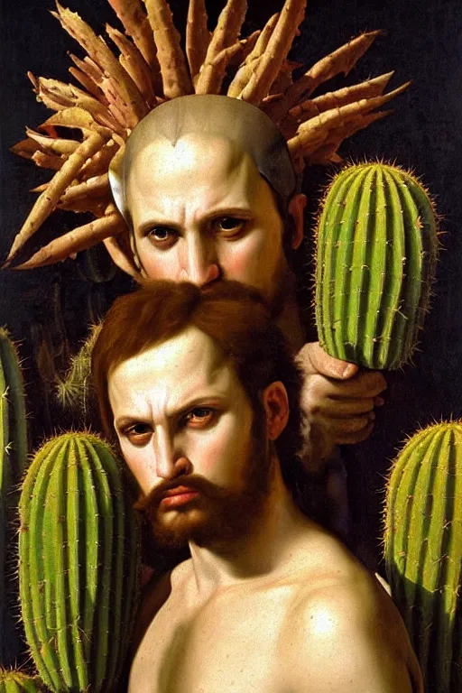 Image similar to renaissance painting of evil men, portrait, angry face closeup, emotions closeup, dressed in spartan armour, the beautiful garden with cactus bush everywhere, ultra detailed, art by guido reni style, vincenzo catena style