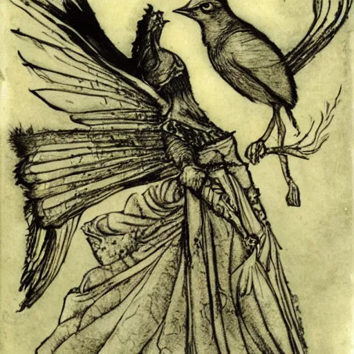 Image similar to Anne Boleyn is a bird, avian, illustration in the style of Arthur Rackham