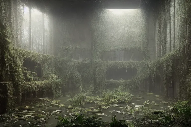 Image similar to flooded overgrown interior of storehouse, matte painting, oil painting, by beksinski and rutkovski, photoreal, highly detailed, hd, 8 k, unreal engine 5