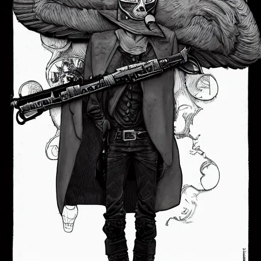 Image similar to a portrait of a plague doctor gunslinger, dark fantasy, horror, western, hell, ultrafine detailed digital pencil art by takeshi obata and mike mignola and irving penn, death note style, colored, symmetric body, cgsociety, sharp focus, detailed face, looking at the camera and pointing with a big gun