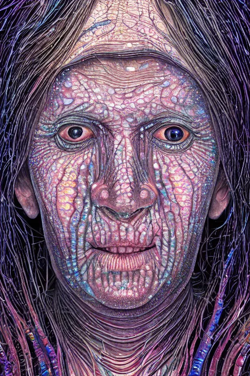 Prompt: dark underwater portrait of one Bioluminescent old woman, with cracked reaction diffusion semi-transparent skin. multicolored fish scales, face closeup. long intricate dark hair. good face proportions. with many jellyfishes. very high detail, illustration, by alex grey and Ilya Kuvshinov