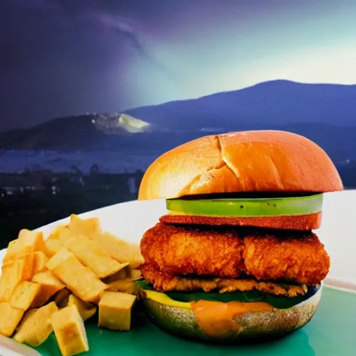 Image similar to sandwich with fried tofu, one tomato slice, one onion ring, avocado and melted cheddar, over a dish and over a table, with a sunset and rainbow in the background with saturn and stars in the sky