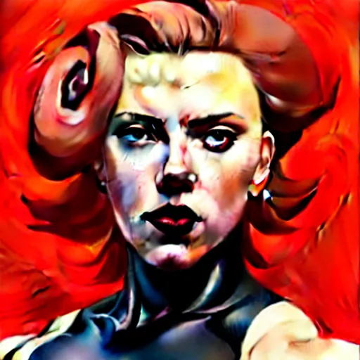 Image similar to greg manchess portrait of scarlett johansson as thick very muscular gothic weightlifter zarya from overwatch with short red hair and black lipstick, fantasy medium shot, asymmetrical, profile picture, organic painting, sunny day, matte painting, bold shapes, hard edges, street art, trending on artstation, by huang guangjian and gil elvgren and sachin teng