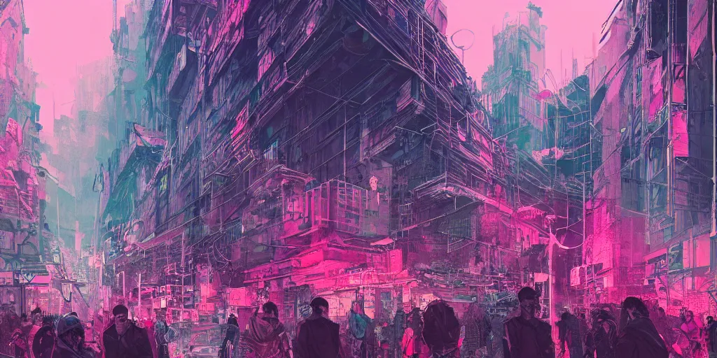 Prompt: punk neon crumbling futuristic city street crowd, with pink smog, late afternoon, high resolution detailed illustration by liam wong, victo ngai, robert rauschenberg, Warwick Goble