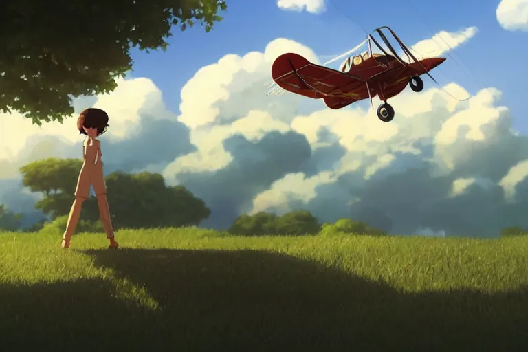 Prompt: a wholesome animation key shot of a cat looking a biplane! in the sky, medium shot, studio ghibli, pixar and disney animation, sharp, rendered in unreal engine 5, anime key art by greg rutkowski, bloom, dramatic lighting