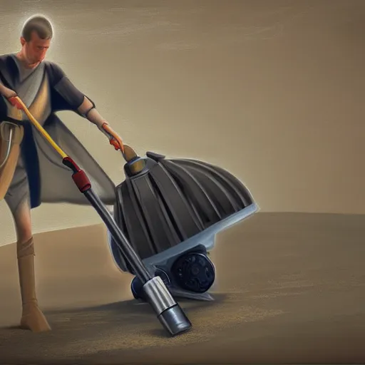 Image similar to Anakin Skywalker vacuuming the beach to remove sand, digital painting, highly detailed