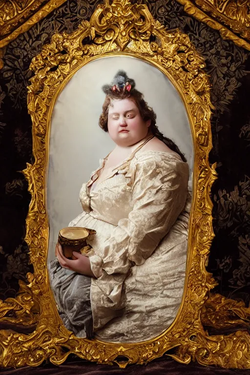 Image similar to a magnificent wet plate photo portrait of a fluffy fat royal cat on an embroidered velvet cushion on a neo - rococo gilded little bed, by david lachapelle, photorealistic, photography, wide shot