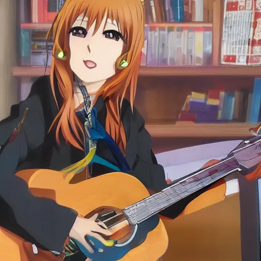 Prompt: anime key visual of yui hirasawa playing guitar, kyoani, pixiv
