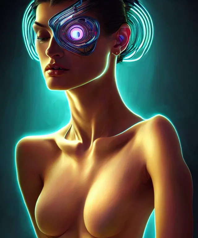 Prompt: Supermodel woman turning into an Android portrait, dark surrealism , scifi, intricate, elegant, sharp eyebrows, dark hair, highly detailed cybernetic body, neon glowing eyes, digital painting, artstation, concept art, smooth, sharp focus, illustration, art by artgerm and moebius and alphonse mucha