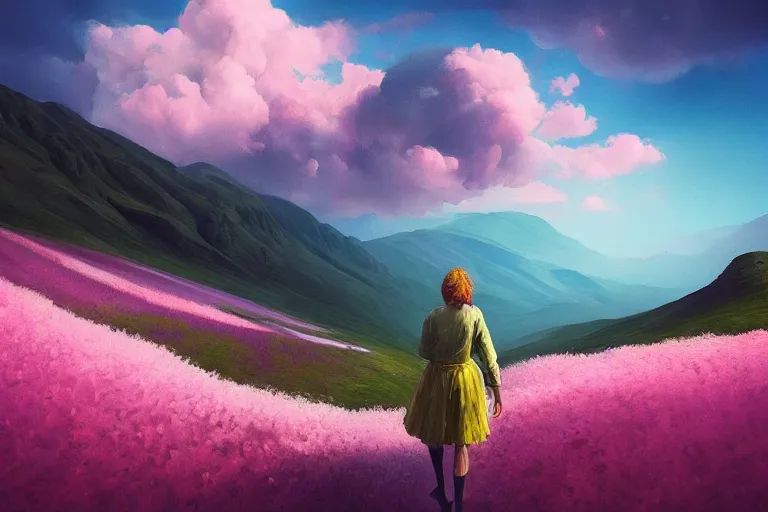 Prompt: giant dahlia flower as the head, girl walking on mountain, surreal photography, pink storm clouds, dramatic light, impressionist painting, digital painting, artstation, simon stalenhag