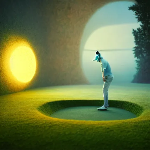 Prompt: a new golf le fleur, volumetric golden natural light, dreamy enlightenment, alchemy, albedo, octane render, by zdzislaw beksinski, jack kirby, tom lovell, alex malveda, greg staples