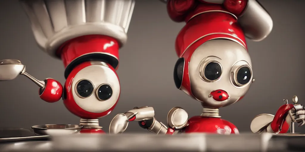 Image similar to closeup portrait of tin toy retro robot chef cooking pastry in a kitchen, depth of field, zeiss lens, detailed, centered, fashion photoshoot, by nicoletta ceccoli, mark ryden, lostfish, breathtaking, 8 k resolution, extremely detailed, beautiful, establishing shot, artistic, hyperrealistic, octane render