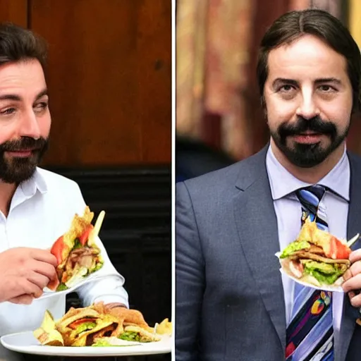 Image similar to pablo iglesiasn on the left, and santiago abascal on the right sharing a kebab in the houses of parliament