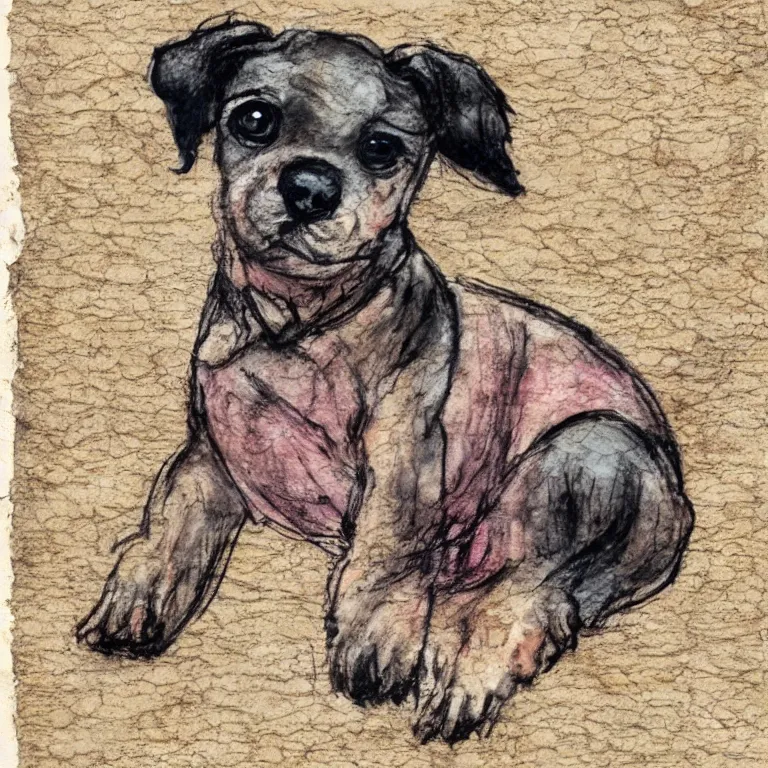 Image similar to a cute retro puppy. alcohol ink on parchment, muted colors, detailed, textured parchment background, 1 9 5 0 s concept art