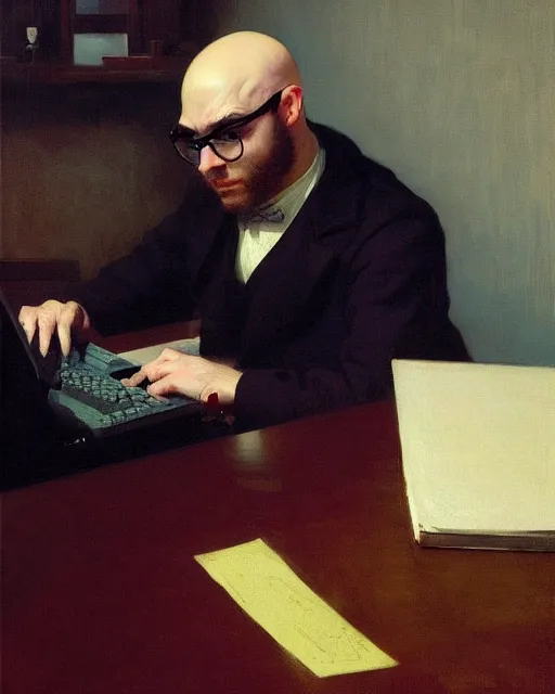Prompt: a bald round - faced male hacker with glasses at the computer. fantasy art by greg rutkowski, gustave courbet, rosa bonheur, edward hopper. faithfully depicted facial expression, perfect anatomy, sharp focus, global illumination, radiant light, detailed and intricate environment, trending on artstation