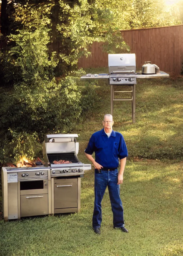 Prompt: live action hank hill standing next to a propane grill in a suburban backyard, portrait photo taken by annie leibovitz, dramatic lighting, 8 5 mm f / 2. 4, kodak portra, color film