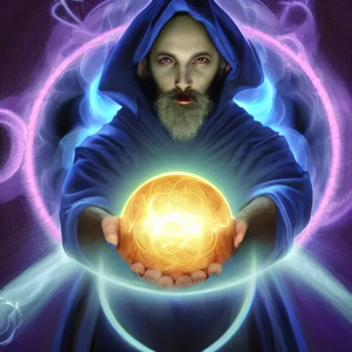 Image similar to a warlock is casting a magic spell, while magic orb is floating in his hand, the magic orb emit a blueish vapour, dynamic pose, chromatic aberration , medium level shot, Mucha style , Grim fantasy, illustration ,concept art,