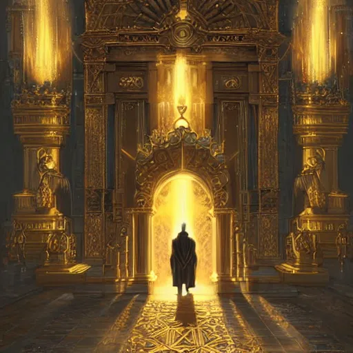 Prompt: a man staring a holy city in front of this golden gates, epic setting, symmetric face, hyperrealism, epic fantasy digital art, fantasy style art, by Greg Rutkowski, fantasy magic the gathering card art style