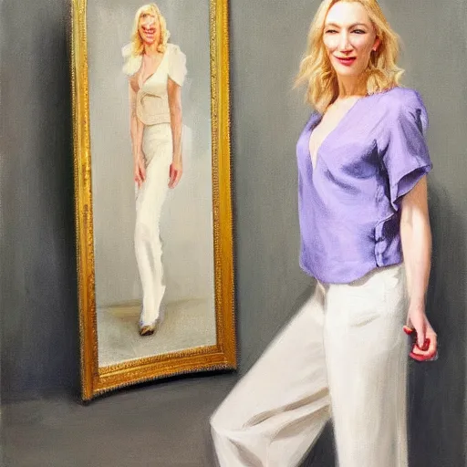 Image similar to painting of cate blanchett, fullbody, in low-cut blouse in front of a mirror, painting by Vladimir Volegov