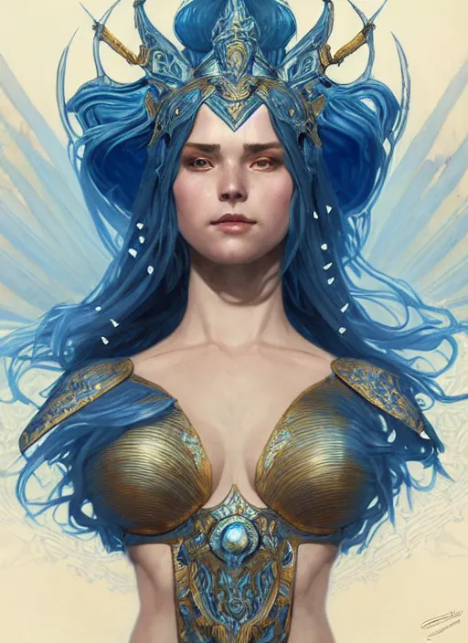 Image similar to a goddess of water wearing blue armor, with hands and hair turning into wearing, fantasy, intricate, elegant, highly detailed, digital painting, artstation, concept art, wallpaper, smooth, sharp focus, illustration, art by artgerm and greg rutkowski and alphonse mucha