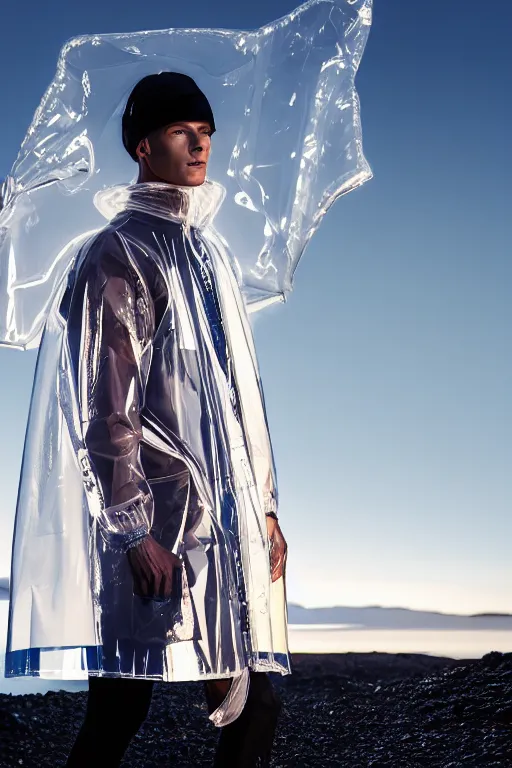 Image similar to an ultra high definition professional high fashion portrait studio full length photograph of a male model wearing a transparent pearlescent raincoat and neon visor planking in an icelandic black rock environment at dawn. no artefacts. extremely detailed. stark. refraction. shallow depth of field. volumetric light and shadow. ray tracing. light rays.