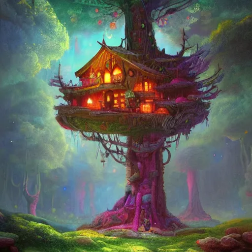 Image similar to detailed concept colorful fantasy painting of a transcendental treehouse, artwork by Paul Lehr and Lexander Jansson, cinematic lighting, hyperdetailed, 8k, high resolution, insanely detailed and intricate, octane render