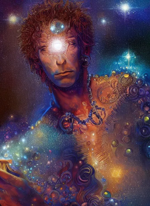 Image similar to high intricate mixed art of the sandman holding a glimmering galaxy, full shot, neil gaiman, maria panfilova, andrea savchenko, mike kime, ludovic plouffe, qi sheng luo, oliver cook, julian calle, eddie mendoza, trending on artstation