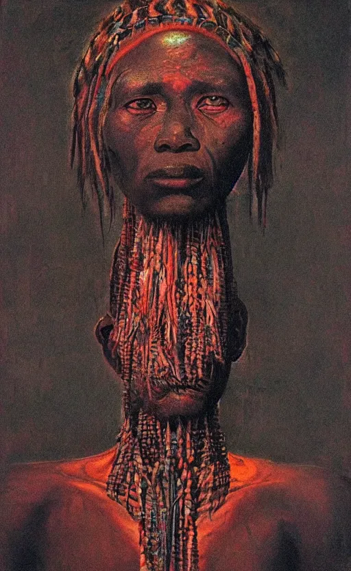 Image similar to portrait of african tribal chief, symmetrical, dramatic lighting, colourful, art by zdzislaw beksinski,