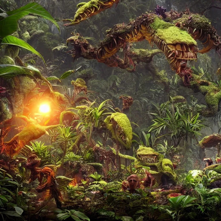 Prompt: octane render by lavinia fontana and naoto hattori and william henry hunt, a vast beautiful luscious alien jungle filled with glowing strange exotic plants and small critters, 8 k, volumetric lighting and shadows, unreal engine, cgsociety