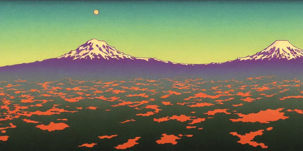 Image similar to skyline of a large metropolis, mount rainier looming in the background, acid and dreaming psychedelic hallucinations, by kawase hasui, moebius and edward hopper, hd, 8 k, artstation, sharp focus, smooth, masterpiece