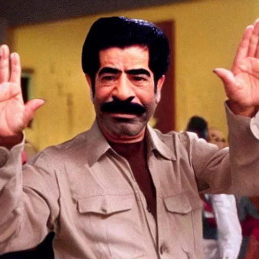 Image similar to A movie still of Saddam Hussein dancing in Satuday Night Fever