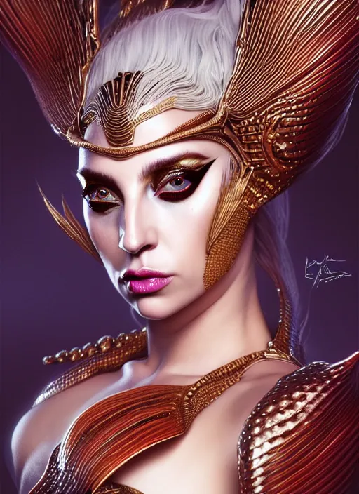 Prompt: portrait of mermaid warrior, intricate, lady gaga, sharp focus, octane render, detailed, beautiful, unreal engine, symmetrical!!, loreal, maybelline, sephora, loreal, artstation, art by karol bak, art by artgerm, rossdraws, makeup by pat mcgrath, cinematic, concept art, filmic, vsco