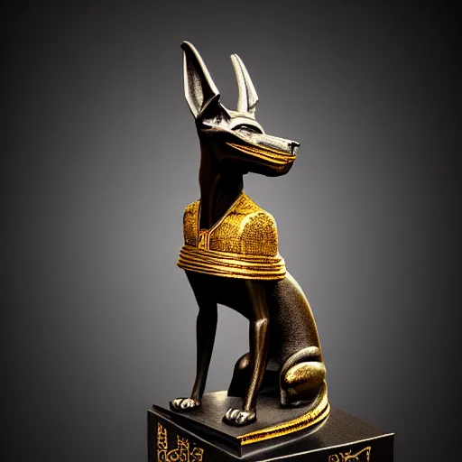 Prompt: a statue of anubis made of black ebony, decorated with gold and enamel,, elegant, epic, detailed, intricate, digital painting, concept art, studio photo, realistic detailed, smooth, focus, rim light