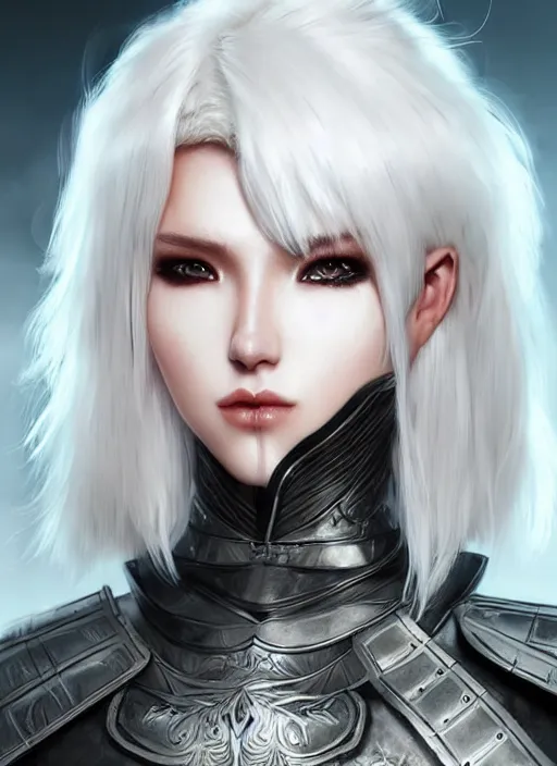 Image similar to warrior, fur leather armor!!! beautiful and elegant white hair female!! gorgeous ayes!! character concept art, sharp focus, octane render! unreal engine 5! highly rendered!! trending on artstation!! detailed linework!! illustration by artgerm, wlop, and chie yoshii