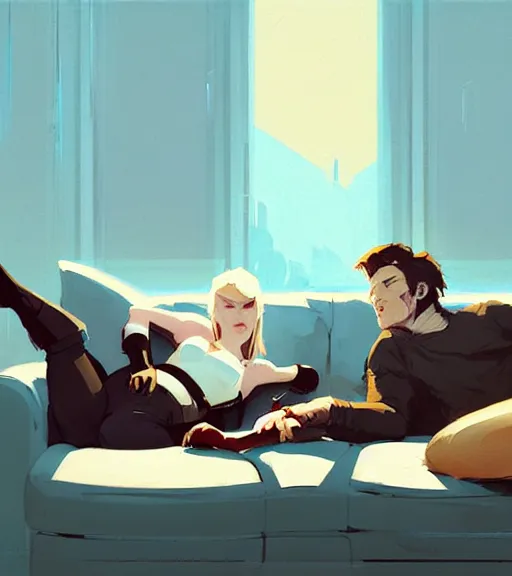 Prompt: portrait of cullen and cassandra laying on the couch together by atey ghailan, by greg rutkowski, by greg tocchini, by james gilleard, by joe fenton, by kaethe butcher, dynamic lighting, gradient light blue, brown, blonde cream and white color scheme, grunge aesthetic