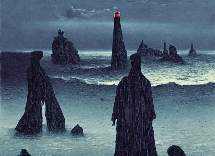 Image similar to worshippers in robes belonging to the cult of the lighthouse standing in waves with ravens flying overhead, a lighthouse, ravens, high detailed beksinski painting, part by adrian ghenie and gerhard richter. art by takato yamamoto and gerald scarfe. masterpiece, dark and moody, deep colours, blue - h 8 9 6