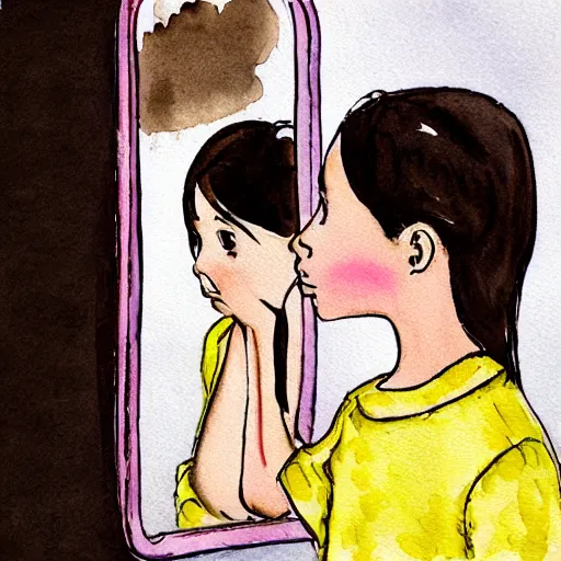 Image similar to rear view of a dark haired young girl and her reflection in a mirror, shocked expression, hand over mouth, 1990s bedroom, children's book illustration, watercolor, line drawing