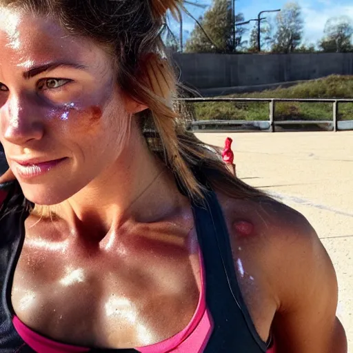 Prompt: hot crossfit athlete woman covered in sweat after a run