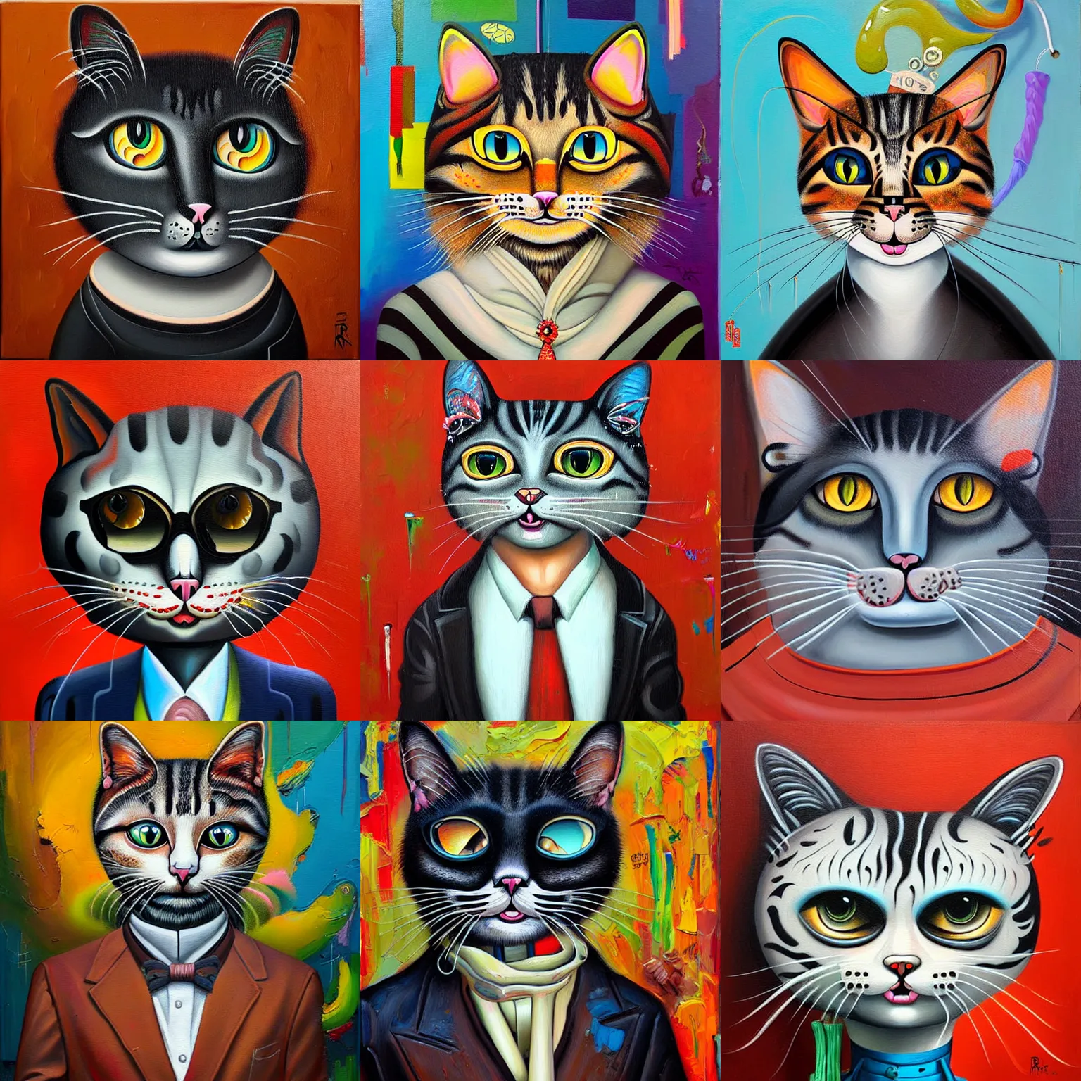 Image similar to anthropomorphic cat painting by andrei riabovitchev, tara mcpherson, david choe, decorative graffity, detailed painterly impasto brushwork